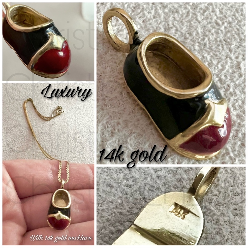 14k solid gold shoe pendant or charm necklace red black enamel